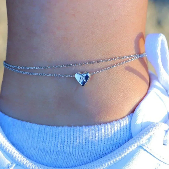 ▶ SILVER INITIAL ANKLET ❤️HEART CHARM PERSONALIZED ALPHABET DAINTY, ELDM22336 - Picture 6 of 15